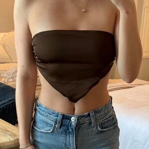Chocolate Brown Satin Strapless Scarf Bandana Crop Top